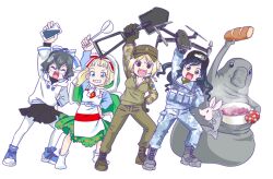 2others 4girls anonymous_(japanese) arm_up azov_battalion belarusian_flag belarusian_flag_print belt black_shirt black_sweater blonde_hair blouse blue_eyes blue_shirt blue_shoes blue_stripes bob_cut boots bow bowl breasts brown_boots brown_eyes brown_pants camouflage capelet cargo_pants cigarette cleavage closed_eyes crop_top digital_camouflage dress drone fur-trimmed_capelet fur_trim gloves green_capelet green_gloves green_hair green_shirt green_tank_top grin hair_between_eyes hair_ribbon hand_on_own_hip hat holding holding_bowl holding_drone holding_phone holding_shovel homunculus_loxodontus hood hooded_capelet hoodie jacket japanon kraken_(japanon) leaning_to_the_side lera_(sighttobehold) load_bearing_equipment load_bearing_vest long_hair looking_at_viewer marichka medium_breasts military military_combat_uniform military_uniform miniskirt mittens multiple_girls multiple_others open_mouth original outstretched_arm outstretched_arms pants pantyhose paulinka_(japanon) peaked_cap phone pinafore_dress pleated_skirt red_stripes ribbon russian_anti-war_flag russo-ukrainian_war schweinokaras sharp_teeth shirt shirt_bow shoes short_hair shovel skirt sleeveless sleeveless_dress smile sneakers snow_camouflage socks soldier squid_print swastika_tattoo sweater tank_top tattoo teeth toes tongue turtleneck turtleneck_sweater ukraine unzipped upper_teeth_only white_background white_hoodie white_pantyhose winter_clothes