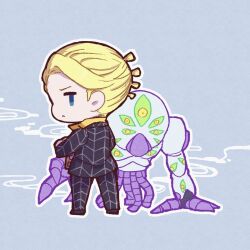 Rule 34 | 1boy, 1other, blonde hair, blue background, blue eyes, chibi, commentary request, formal clothes, from behind, full body, highres, jitome, jojo no kimyou na bouken, kasasagi (hinagi), looking back, male focus, outline, popped collar, prosciutto, stand (jojo), suit, the grateful dead (stand), vento aureo, white outline