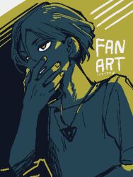 100387l 1boy covering_own_mouth hair_between_eyes hand_over_own_mouth hand_up limited_palette looking_at_viewer male_focus meguriya_ayumu shirt short_hair smile solo toshi_densetsu_kaitai_center triangle_necklace upper_body