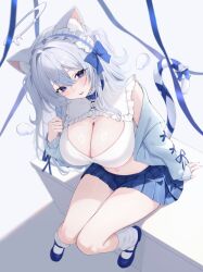 1girl absurdres animal_ear_fluff animal_ears blue_bow blue_eyes blue_jacket blue_skirt blush bow breasts cat_ears cat_girl cat_tail cleavage cleavage_cutout clothing_cutout cropped_shirt grey_hair hair_bow halo headdress highres indie_virtual_youtuber jacket large_breasts midriff namedango_(uouodango) navel nekone_uyu open_clothes open_jacket parted_lips pleated_skirt shirt shoes sitting skirt smile socks solo tail virtual_youtuber white_shirt white_socks