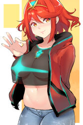 Rule 34 | 1girl, absurdres, alternate costume, blush, bob cut, breasts, casual, commentary request, cowboy shot, crop top, denim, hairband, headpiece, highres, hood, hoodie, jeans, large breasts, long sleeves, looking at viewer, midriff, navel, no bra, ok sign, pants, pyra (xenoblade), red hair, red hoodie, robot cat (robotcatart), see-through clothes, short hair, simple background, smile, solo, swept bangs, xenoblade chronicles (series), xenoblade chronicles 2, yellow eyes