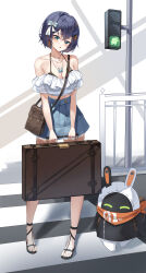 1girl absurdres alternate_costume bag bangboo_(zenless_zone_zero) bare_shoulders belle_(zenless_zone_zero) black_sandals blue_hair bow breasts casual cleavage collarbone commentary crosswalk denim denim_skirt earrings english_commentary eous_(zenless_zone_zero) full_body green_eyes hair_bow hair_ornament highres holding jewelry kimae large_breasts letter_hair_ornament looking_at_viewer midriff mole mole_on_breast navel necklace off-shoulder_shirt off_shoulder open_mouth outdoors sandals shirt short_hair shoulder_bag single_earring skirt solo standing suitcase traffic_light zenless_zone_zero