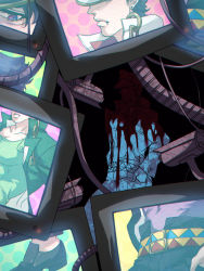 Rule 34 | 1boy, black hair, bloody, crt, fang, hat, jojo no kimyou na bouken, kuujou joutarou, less end, long coat, male focus, solo, television, vampire