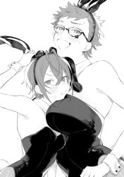 Rule 34 | 2girls, :/, :d, animal ear hairband, animal ears, antenna hair, arm up, armpit crease, asymmetrical bangs, blush, breast on breast, breasts, club (shape), club facial mark, cocked eyebrow, cowboy shot, detached collar, double-parted bangs, facial mark, fake animal ears, fake tail, from side, genderswap, genderswap (mtf), glasses, greyscale, hair between eyes, hairband, hand on own ear, head on another&#039;s chest, heart antenna hair, height difference, large breasts, leotard, looking at viewer, monochrome, multiple girls, open mouth, playboy bunny, pout, puffy cheeks, pulling own ear, rabbit ears, rabbit tail, riddle rosehearts, sayosato, short hair, sideboob, single tear, small breasts, smile, spiked hair, strapless, strapless leotard, sweat, tail, trey clover, twisted wonderland, v-shaped eyebrows, very short hair, wrist cuffs