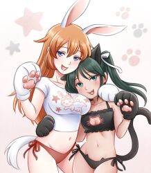 Rule 34 | 2girls, alternate costume, animal ears, animal hands, bikini, black hair, black panties, breasts, cat ears, cat girl, cat paws, cat tail, charlotte e. yeager, francesca lucchini, highres, hug, koyomeru, large breasts, long hair, looking at viewer, meme attire, multiple girls, navel, open mouth, orange hair, panties, rabbit ears, rabbit girl, rabbit tail, red panties, simple background, size difference, small breasts, standing, strike witches, swimsuit, tail, tongue, tongue out, twintails, underwear, white background, world witches series