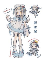 1girl alternate_costume apron blonde_hair blue_dress blue_ribbon blue_shoes chibi chibi_inset collared_dress colored_shoe_soles dress english_text flipped_hair gakuen_idolmaster gooooskap hair_ornament hair_ribbon hairclip highres holding holding_tray idolmaster long_hair maid maid_apron maid_headdress mary_janes multiple_views parallel_hairclips petticoat ribbon shinosawa_hiro shoes short_sleeves simple_background socks speech_bubble tray two_side_up white_apron white_background white_socks wrist_cuffs