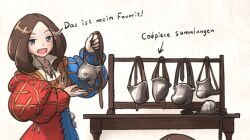 1girl blue_eyes brown_hair clothes_rack codpiece holding ironlily landsknecht landsknecht_(ironlily) long_sleeves original puffy_long_sleeves puffy_sleeves solo table translation_request wooden_table