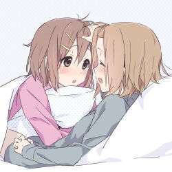 2girls blush breasts brown_eyes commentary_request grey_shirt hand_on_another&#039;s_head highres hirasawa_yui hugging_object k-on! long_hair long_sleeves looking_at_another lying_on_person multiple_girls open_mouth pillow pillow_hug pink_shirt shaofangziran shirt short_hair simple_background tainaka_ritsu under_covers white_background yuri