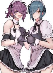 +_+ 2boys 2n5 apron black_dress black_gloves blue_hair crossdressing detached_collar dress earrings frilled_apron frills gloves hair_over_one_eye heart heart_hands heart_hands_failure highres iriya-kun jewelry looking_at_viewer maid maid_apron maid_headdress male_maid mikel-kun multiple_boys open_mouth original puffy_short_sleeves puffy_sleeves purple_eyes purple_hair short_hair short_sleeves smile thumbs_up trap waist_apron white_apron wrist_cuffs yellow_eyes