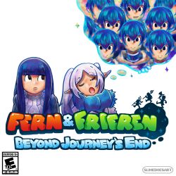 1boy 2girls absurdres artist_name black_eyes blue_hair blue_scarf blunt_bangs character_name closed_eyes closed_mouth commentary copyright_name cover elf esrb fake_cover fern_(sousou_no_frieren) frieren highres himmel_(sousou_no_frieren) logo long_hair mario_&amp;_luigi:_dream_team mario_&amp;_luigi_rpg mario_(series) multiple_girls nintendo open_mouth parted_bangs pointy_ears purple_hair scarf simple_background sleeping slime_does_art sousou_no_frieren sparkle speech_bubble thick_eyebrows thought_bubble twintails twitter_username video_game_cover white_background white_hair