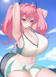 1girl absurdres armpits arms_up azur_lane bare_shoulders blue_sky blush breasts bremerton_(azur_lane) bremerton_(scorching-hot_training)_(azur_lane) chinese_commentary cleavage closed_mouth cloud collarbone commentary_request cowboy_shot crop_top crop_top_overhang crossed_bangs daihi2038_(mime10) day glint green_shirt green_skirt grey_hair hair_between_eyes hair_intakes hair_ornament highres holding holding_racket large_breasts long_hair midriff miniskirt mixed-language_commentary mole mole_on_breast mole_under_eye mountainous_horizon multicolored_hair navel navel_piercing ocean official_alternate_costume outdoors piercing pink_eyes pink_hair racket shirt sidelocks skirt sky sleeveless sleeveless_shirt solo sportswear squatting streaked_hair sun sweat tennis_racket tennis_uniform twintails two-tone_hair two-tone_shirt two-tone_skirt white_shirt white_skirt x_hair_ornament