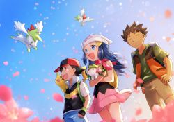1girl 2boys :d ash_ketchum backpack bag baseball_cap black_gloves black_headwear black_shirt blue_eyes blue_hair blue_sky blurry blurry_background brock_(pokemon) brown_hair brown_pants closed_eyes collarbone collared_shirt dawn_(pokemon) fingerless_gloves floating_hair flower from_below gen_1_pokemon gen_4_pokemon gloves green_shirt hands_on_own_hips hat highres holding holding_pokemon legendary_pokemon long_hair miniskirt multiple_boys mythical_pokemon nintendo on_shoulder open_mouth pants petals pikachu pink_flower pink_skirt poke_ball_print pokemon pokemon:_giratina_and_the_sky_warrior pokemon_(anime) pokemon_(creature) pokemon_dppt_(anime) pokemon_on_shoulder red_eyes shaymin shaymin_(land) shaymin_(sky) shirt short_hair short_sleeves skirt sky sleeveless sleeveless_shirt smile spiked_hair standing torn_clothes torn_pants white_headwear wing_collar yuki56