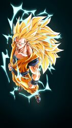 Rule 34 | 1boy, absurdres, black background, blonde hair, blue boots, blue sash, blue shirt, blue wrist cuffs, boots, dougi, dragon ball, dragonball z, electricity, full body, goku day, green eyes, highres, long hair, looking at viewer, male focus, missing commentary, nishitakuart, no eyebrows, orange shirt, sash, shirt, simple background, solo, son goku, spiked hair, wrist cuffs