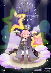 1boy ^_^ absurdres anniversary arms_up artist_name ascot belt black_belt black_cape boots cape closed_eyes commentary crown dust frilled_ascot frilled_jacket frills gears hat highres jacket knee_boots lapels male_focus mittens motimoti_mgmg ocean_prince open_clothes open_jacket open_mouth pants pink_hair purple_boots purple_jacket puyopuyo puyopuyo_quest reflective_floor salde_canarl_shellbrick_iii salde_canarl_shellbrick_iii_(steam_city) shirt short_hair smile solo spotlight standing star_(symbol) striped_clothes striped_headwear striped_shirt top_hat twitter_username vertical-striped_clothes vertical-striped_headwear vertical-striped_shirt white_ascot white_pants yellow_mittens