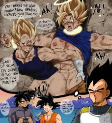 3boys abs absurdres anal ass bara black_bodysuit black_hair blonde_hair blood blood_from_mouth blue_bodysuit bodysuit bound bound_wrists broly_(dragon_ball_super) censored censored_by_text clothes_pull dougi dragon_ball dragon_ball_super dragonball_z english_text erection facial_mark halo highres injury large_pectorals looking_at_another majin_vegeta male_focus male_penetrated male_pubic_hair multiple_boys muscular muscular_male navel nosebleed open_mouth pants pants_pull pectorals penis pubic_hair restrained sex sex_from_behind short_hair sinnia smile son_goku speech_bubble spiked_hair super_saiyan super_saiyan_2 thought_bubble torn_bodysuit torn_clothes vegeta yaoi