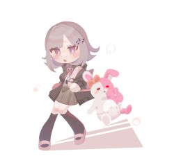1girl :o black_jacket black_thighhighs blush bow brown_hair brown_skirt danganronpa_(series) danganronpa_2:_goodbye_despair diaper ear_bow highres jacket medium_hair miniskirt monomi_(danganronpa) nanami_chiaki neck_ribbon open_clothes open_jacket pink_eyes pink_ribbon pleated_skirt red_ribbon ribbon simple_background skirt solo spaceship_hair_ornament thighhighs white_background ya_(dngn_miyabi02)