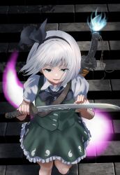 1girl absurdres black_bow black_bowtie black_hairband black_ribbon bob_cut bow bowtie collared_shirt frilled_skirt frills green_skirt green_vest grey_hair hairband highres hitodama_print katana konpaku_youmu konpaku_youmu_(ghost) puffy_sleeves ribbon shirt short_hair short_sleeves skirt smile solo sword touhou vest wakizashi weapon weapon_focus white_shirt yuri_kowashi_(tetsukabuto_nuranura)