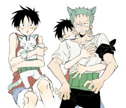 2boys animal_ears animalization bandana bandana_around_arm bare_shoulders black_bandana black_hair black_pants blue_shorts cat cat_ears closed_eyes commentary_request earrings facial_scar feet_out_of_frame fur-trimmed_shorts fur_trim gold_earrings green_hair grin haramaki highres hug hug_from_behind jewelry korean_commentary male_focus monkey_d._luffy multiple_boys norya_rmfla one_piece pants red_vest roronoa_zoro scar scar_on_cheek scar_on_face shirt short_hair shorts sitting smile vest white_background white_shirt