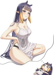 1girl absurdres alternate_breast_size alternate_costume bare_arms black_panties blunt_bangs breasts chibi cleavage closed_mouth commentary dress english_commentary frilled_dress frills gradient_hair hand_on_own_hip highres hololive hololive_english lace lace-trimmed_panties lace_trim large_breasts long_hair looking_at_viewer lying mole mole_under_eye multicolored_hair ninomae_ina&#039;nis orange_hair panties panty_peek pointy_ears purple_hair samukzz sidelocks simple_background sitting sleeveless sleeveless_dress smile speech_bubble tentacle_hair thought_bubble underwear very_long_hair virtual_youtuber white_background white_dress