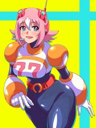 1girl black_bodysuit blue_eyes bodysuit breasts cowboy_shot highres large_breasts medium_hair mega_man_(series) mega_man_x:_command_mission mega_man_x_(series) multicolored_hair nana_(mega_man_x:_command_mission) nobuyu_(77yusei) number_pun pink_hair simple_background solo streaked_hair two-tone_hair white_hair yellow_background