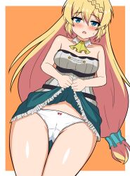1girl absurdres aizawa_azusa alternate_breast_size armpit_crease ascot blonde_hair blue_eyes blue_skirt blush breasts clothes_lift dress eyebrows_hidden_by_hair feet_out_of_frame from_below gluteal_fold groin hair_between_eyes highres large_breasts lifting_own_clothes long_hair looking_at_viewer narrowed_eyes orange_background panties pantyshot simple_background skirt skirt_lift slime_taoshite_300_nen_shiranai_uchi_ni_level_max_ni_nattemashita solo strapless strapless_dress sweatdrop tankuro_uri teeth thigh_gap underwear upper_teeth_only very_long_hair white_dress white_panties yellow_ascot
