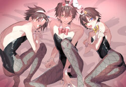 Rule 34 | 3boys, :o, absurdres, animal ears, ass, badge, bare back, between legs, black hair, black leotard, blue eyes, blush, bow, bowtie, brothers, bulge, buster bros!!!, button badge, collarbone, commentary, crossdressing, crossed arms, curled up, curtained hair, detached collar, fake animal ears, feet out of frame, fishnet pantyhose, fishnets, furrowed brow, green eyes, grin, groin tendon, hair between eyes, hand between legs, heterochromia, highres, hypnosis mic, jewelry, latex, latex leotard, leotard, looking at viewer, lying, male focus, male playboy bunny, median furrow, mole, mole under eye, mole under mouth, multiple boys, multiple moles, multiple rings, nervous smile, on back, on side, open mouth, pantyhose, parted bangs, parted lips, pectoral cleavage, pectorals, rabbit ears, raised eyebrow, raised inner eyebrows, red bow, red bowtie, red eyes, ring, self hug, shiny skin, short hair, siblings, skinny, smile, spread fingers, strapless, strapless leotard, sweatdrop, thumb ring, user zyxa4732, v-shaped eyebrows, wrist cuffs, yamada ichiro, yamada jiro, yamada saburo, yellow bow, yellow bowtie, yellow eyes