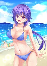 1girl :d alternate_costume bare_shoulders beach bikini blue_bikini blue_sky blush bow bracelet breasts cleavage collarbone commentary_request cowboy_shot day eyes_visible_through_hair floating_hair groin hair_between_eyes hair_bow halterneck happy highres huge_breasts jewelry long_hair looking_at_viewer low_ponytail minatoto mizuori_shizuku navel o-ring o-ring_bikini o-ring_bottom o-ring_top ocean open_mouth outdoors ponytail purple_eyes purple_hair shiny_skin sidelocks skindentation sky smile solo sparkle stomach summer_pockets swimsuit very_long_hair wet white_bow