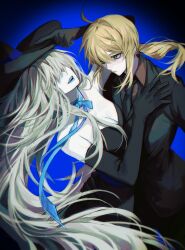 2girls ara_200117 artoria_pendragon_(fate) black_dress black_gloves black_suit blonde_hair blue_lips commission dress elbow_gloves fate/grand_order fate/zero fate_(series) formal_clothes gloves green_eyes hair_between_eyes highres long_hair morgan_le_fay_(fate) morgan_le_fay_(fate/apocrypha) multiple_girls saber_(fate/zero) second-party_source siblings sisters smile suit very_long_hair white_hair