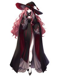 Rule 34 | 1girl, black cloak, black dress, black gloves, black hat, black shoes, breasts, chain paradox, cleavage, cloak, dress, earrings, folding fan, full body, fur-trimmed cloak, fur trim, gloves, hand fan, hat, highres, holding, holding fan, jewelry, long hair, looking at viewer, luna candatura, motomori (tw), pink hair, red eyes, shoes, solo, standing, tassel, transparent background, very long hair, wide sleeves, witch hat