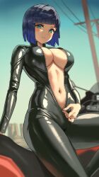 1girl alternate_costume anteiru biker_clothes bikesuit black_bodysuit black_hair blue_hair blue_sky bob_cut bodysuit breasts cleavage closed_mouth genshin_impact green_eyes highres large_breasts motor_vehicle motorcycle navel open_bodysuit open_clothes power_lines short_hair sitting skin_tight sky smile solo teasing unzipped unzipping utility_pole yelan_(genshin_impact) zipper zipper_pull_tab