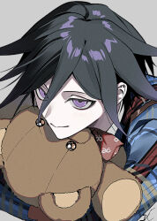 1boy black_hair bow closed_mouth commentary danganronpa_(series) danganronpa_v3:_killing_harmony flipped_hair from_above grey_background hair_between_eyes highres holding holding_stuffed_toy hugging_object jacket light_blush light_smile long_sleeves looking_at_viewer male_focus medium_hair mini_(mini_ma_list) oma_kokichi pale_color pale_skin plaid_clothes plaid_jacket portrait purple_eyes purple_hair simple_background smile solo stuffed_animal stuffed_toy teddy_bear