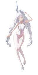 Rule 34 | 1girl, absurdres, animal ears, arm up, azur lane, banpen, braid, breastless clothes, breastless leotard, breasts, carrot, choker, crotchless, crotchless pantyhose, fake animal ears, highres, le malin (azur lane), le malin (listless lapin) (azur lane), leotard, long hair, looking at viewer, o-ring, o-ring choker, official alternate costume, pantyhose, playboy bunny, rabbit ears, simple background, small breasts, solo, thigh gap, thigh strap, twin braids, very long hair, white background, white hair, white leotard, white pantyhose, white wrist cuffs, wrist cuffs