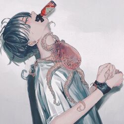 1boy blush bottle bound closed_mouth green_eyes grey_hair highres looking_at_viewer male_focus nose octopus original shirt short_hair simple_background sweatdrop tied_up_(nonsexual) unchico_unchi upper_body white_background white_shirt