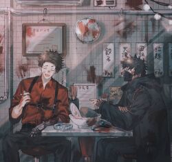 Rule 34 | 2boys, arm on table, ashtray, belt, black belt, black hair, black jacket, black mask, black pants, blood, blood on wall, boku no hero academia, character request, cigarette, closed mouth, collared shirt, commentary, dabi (boku no hero academia), dishes, english commentary, garter straps, hair between eyes, holding, holding cigarette, jacket, long sleeves, looking at viewer, male focus, mask, mouth mask, multiple boys, on chair, open mouth, pants, prosthesis, prosthetic arm, red shirt, shirt, short hair, sitting, sleeves rolled up, st31010, tile wall, tiles, translation request