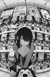 Rule 34 | 1girl, black hair, braid, braided ponytail, chainsaw, chainsaw man, dog, doro (nikke), greyscale, hair over one eye, hair over shoulder, handle, highres, husky, long hair, looking at viewer, mithamaito, monochrome, nayuta (chainsaw man), open mouth, pet, pochita (chainsaw man), ringed eyes, single braid, sweater, teeth