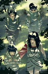 Rule 34 | 2boys, 2girls, aburame shino, artist name, asymmetrical clothes, baby animal, bandaged arm, bandages, black hair, blunt bangs, breasts, byakugan, dog, fishnet top, fishnets, flak jacket, forehead protector, forest, from above, hands in pockets, headband around neck, highres, hyuuga hinata, index fingers together, inuzuka kiba, jacket, konohagakure shinobi uniform, konohagakure symbol, large breasts, long hair, looking at another, marking on cheek, multiple boys, multiple girls, naruto (classic), naruto (series), nature, ninja, no pupils, outdoors, parted bangs, patting, puppy, red eyes, short hair, sign, single sleeve, smile, spiked hair, sssiii7610, sunglasses, talking, walking, warning sign, white dog, white eyes, yuuhi kurenai