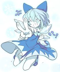 1girl absurdres blue_bow blue_dress blue_eyes blue_hair blue_shoes blush bow cirno collared_shirt detached_wings dress fairy fingerprint full_body grin hair_bow highres ice ice_wings morino_hon one_eye_closed shirt shoes short_sleeves smile snowflakes solo touhou v white_shirt wings