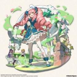3girls becky_(dragalia_lost) blonde_hair blue_dress blue_shoes breasts catherine_(dragalia_lost) closed_eyes cup dragalia_lost dress drill_hair eating garden green_eyes holding holding_cup large_breasts long_hair medium_breasts multiple_girls official_art ojou-sama_pose open_mouth pantyhose purple_hair purple_pantyhose purple_shoes saitou_naoki shoes short_hair skirt table tea white_pantyhose white_skirt
