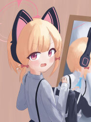 1girl absurdres animal_ear_headphones animal_ears anmonaito1991 apron aqua_necktie black_dress blonde_hair blue_archive blush bow cat_ear_headphones cat_ears collared_shirt commentary_request dot_nose dress fake_animal_ears flying_sweatdrops from_behind hair_bow halo headphones highres holding holding_unworn_clothes holding_unworn_dress long_sleeves looking_at_viewer looking_back low-tied_sidelocks maid maid_apron mirror momoi_(blue_archive) necktie open_mouth pink_eyes pink_halo red_bow reflection shirt short_hair sidelocks solo suspenders unworn_apron unworn_dress upper_body v-shaped_eyebrows wavy_mouth white_apron white_shirt