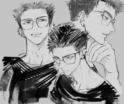 1boy character_name closed_mouth commentary copyright_name dandadan ear_piercing earrings facial_scar from_side glasses grey_background greyscale highres jewelry male_focus monochrome multiple_views on0n parted_lips piercing profile scar scar_on_cheek scar_on_face shirt short_hair spiked_hair straight-on three_quarter_view unji_zuma upper_body