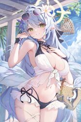 1girl absurdres ahoge alternate_costume bag bare_shoulders beach between_breasts bikini blue_archive blue_hair blue_sky blue_wings breasts brown_bag cleavage cloud commentary eyewear_on_head flower frilled_bikini frills front-tie_bikini_top front-tie_top green_eyes hair_between_eyes hair_flower hair_ornament halo hand_in_own_hair hand_on_own_chest hand_up highres jewelry large_breasts long_hair looking_at_viewer low_wings mine_(blue_archive) navel necklace ocean open_mouth outdoors plant pointy_ears railing rope side-tie_bikini_bottom sky smile solo standing stomach sunglasses swimsuit thigh_strap thighs tinted_eyewear tomo_(tomosa011326) very_long_hair wavecat_(blue_archive) wet white_bikini wings wrist_cuffs yellow_halo
