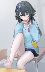 1girl absurdres black_hair blue_skirt closed_mouth collar gakuen_idolmaster green_eyes highres idolmaster kindergarten_uniform nagata_gata no_shoes pantyhose sitting sitting_on_table skirt sleeves_past_wrists solo tsukimura_temari white_collar white_pantyhose