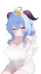 1girl :o absurdres ahoge alternate_hairstyle bare_shoulders between_legs blue_hair blush breasts cleavage collarbone convenient_censoring fuminshou_(nekopan_art) ganyu_(genshin_impact) genshin_impact hair_between_eyes hand_between_legs highres large_breasts long_hair looking_at_viewer naked_towel object_on_head purple_eyes rubber_duck simple_background sitting solo towel translation_request white_background