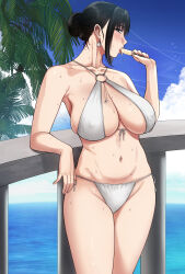 1girl beach bikini black_hair blue_sky blush breasts cleavage curvy earrings food grey_eyes hair_bun highres ice_cream jewelry large_breasts legs lipstick looking_to_the_side makeup mature_female nail_polish nush_(xter) original sky standing sweat swimsuit thighs white_bikini xter