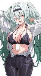 Rule 34 | 1girl, belly, black bra, black hairband, black pants, bra, breasts, cleavage, collared shirt, firefly (honkai: star rail), gradient hair, grey hair, hair between eyes, hair intakes, hair tie, hairband, hands in own hair, highres, honkai: star rail, honkai (series), id card, kiro (kirotayu), lanyard, large breasts, long hair, multicolored eyes, multicolored hair, navel, open clothes, open mouth, open shirt, pants, shirt, simple background, solo, teeth, twintails, two-tone eyes, underwear, upper teeth only, white background, white shirt