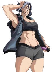 Rule 34 | 1girl, abs, arm at side, arm up, armpits, bottle, breasts, hair between eyes, hand on own head, heterochromia, highres, holding, holding bottle, jacket, looking to the side, makdraw25, medium breasts, multicolored hair, muscular, muscular female, navel, original, parted lips, ponytail, short ponytail, shorts, simple background, sleeveless, sleeveless jacket, solo, sports bra, sportswear, stomach, streaked hair, sweat, thick thighs, thighs, two-tone hair, water bottle, white background