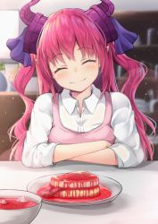 1girl alternate_costume apron arm_support bad_id bad_pixiv_id blood blurry blurry_background blush bowl closed_eyes closed_mouth collared_shirt commentary_request curled_horns depth_of_field elizabeth_bathory_(fate) elizabeth_bathory_(fate/extra) eyeball facing_viewer fang fang_out fate/grand_order fate_(series) female_focus flower food head_tilt horns indoors inora long_hair meat pink_apron pink_hair plate pointy_ears shelf shirt sidelocks sleeves_rolled_up smile solo soup table tongue two_side_up upper_body vase wavy_hair white_shirt wing_collar