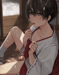 Rule 34 | 1boy, aftersex, bar censor, black hair, bulge, censored, collarbone, crossdressing, crossdressing (mtf), cum, cum on body, cum on hair, facial, hair between eyes, hakama, hakama short skirt, hakama skirt, japanese clothes, kimono, male focus, miko, original, penis, red hakama, sitting, skirt, socks, solo, sunaba (nczd5875), testicles, thighhighs, trap, white kimono, white socks, wide sleeves, yaoi