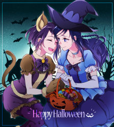 2girls :c animal_ears animal_hands basket blue_eyes blue_hair blue_shirt blue_skirt brown_gloves brown_sleeves cat_ears cat_tail choker closed_eyes closed_mouth collarbone dokidoki!_precure earrings elbow_gloves floating_hair frilled_skirt frilled_sleeves frills fur-trimmed_gloves fur_trim gloves halloween halloween_costume happy_halloween hishikawa_rikka holding holding_basket jewelry kenzaki_makoto long_hair miniskirt multiple_girls negom pantyhose paw_gloves paw_print precure print_legwear purple_hair purple_legwear purple_skirt shirt short_hair short_sleeves skirt smile swept_bangs tail very_long_hair white_gloves yuri
