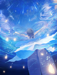 1girl arms_up black_hair black_pantyhose blue_theme bubble cloud commentary dress facing_away female_focus from_behind from_below headdress highres kneepits long_hair meteor meteor_shower night night_sky original outstretched_arms pantyhose partially_submerged popopo_(popopo5656) ripples scenery sequins shooting_star sky solo star_(sky) starry_sky underwater upskirt water wet wet_clothes white_dress